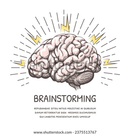 Hand drawn brainstorm creativity technique retro poster. Human brain with sunburst and new idea lightnings isolated vector illustration