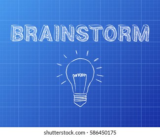 Hand drawn brainstorm sign and lightbulb on blueprint background
