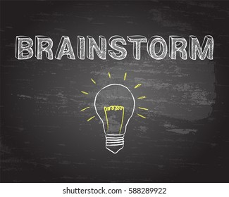 Hand drawn brainstorm sign and lightbulb on blackboard
