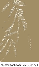 Hand drawn branch of bamboo branch of leaf with Japanese wave pattern vector. Oriental decoration with logo design, flyer or presentation in vintage style.