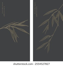 Hand drawn branch of bamboo leaves element with line pattern vector on black bakground. Oriental decoration with logo design, flyer or presentation in vintage style.