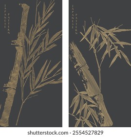 Hand drawn branch of bamboo leaves element with line pattern vector on black bakground. Oriental decoration with logo design, flyer or presentation in vintage style.