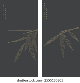 Hand drawn branch of bamboo leaves element with line pattern vector on black bakground. Oriental decoration with logo design, flyer or presentation in vintage style.