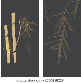 Hand drawn branch of bamboo leaves element with line pattern vector on black bakground. Oriental decoration with logo design, flyer or presentation in vintage style.	