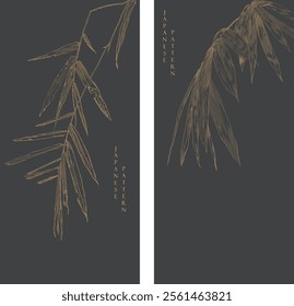 Hand drawn branch of bamboo leaves element with line pattern vector on black bakground. depict stylized bamboo in a contemporary interpretation of traditional Japanese aesthetics