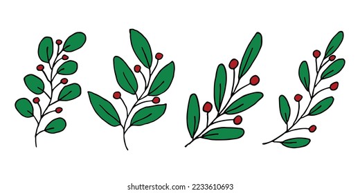 Hand drawn branch with berries clipart. Christmas doodle set. Winter design elements