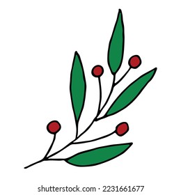 Hand drawn branch with berries and leaves. Christmas doodle. Winter clipart. Single design element