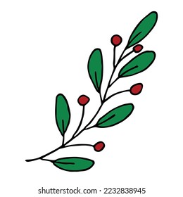 Hand drawn branch with berries and leaves. Christmas doodle. Winter clipart. Single design element