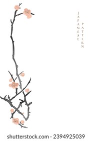 hand drawn branch of cherry blossom flower with Japanese pattern vector. Oriental decoration with logo design, flyer or presentation template in vintage style.	