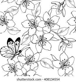 Hand drawn branch of cherry blossom, pear, apple tree with butterfly. Vector seamless pattern of spring flowers for the anti stress coloring page.