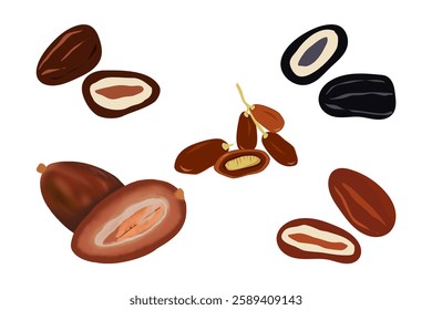 Hand drawn Branch of Dates Fruit Cartoon Icon for Iftar, Ramadan Kareem, Element Decoration Banner Isolated Vector illustration dates on White Background