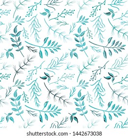 Hand drawn branch elements seamless pattern, cute sketch floral background in turquoise and green, great for fashion fabric, summer textile, backdrops, banner, wallpapers, cosmetic cards, invitations