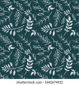 Hand drawn branch elements seamless pattern, cute sketch floral background in white and dark blue, great for fashion fabric, summer textile, backdrops, banner, wallpapers, cosmetic cards, invitations