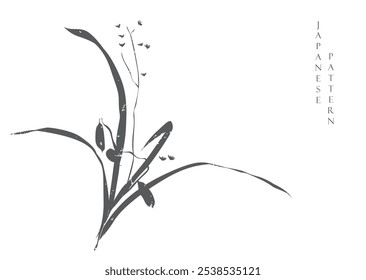 Hand drawn branch of flower with Japanese pattern vector. Chinese painting decoration with logo design, flyer or presentation in vintage style.