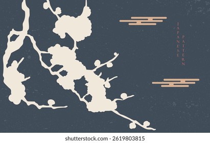 Hand drawn branch of flower with Japanese pattern vector. Oriental decoration with logo design, flyer or presentation in vintage style.