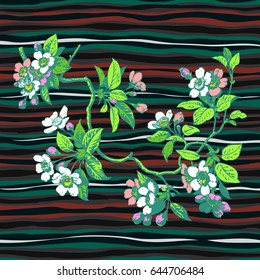 Hand drawn branch flower roses sakura vintage print on stripes waves pattern, grunge retro background vector illustration design for fashion, shirt, textile, greeting card, invitation, wedding