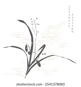 Hand drawn branch of flower and wave with Japanese pattern vector. Chinese painting decoration with logo design, flyer or presentation in vintage style.