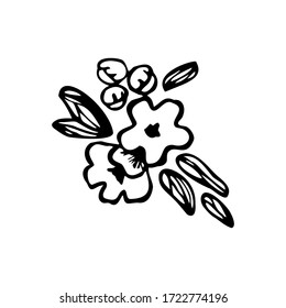 La mano dibujó una rama de un árbol florido aislado en un fondo blanco. Dibujo de dibujo simple. Se puede utilizar para la decoración de textiles, papel y otras superficies.