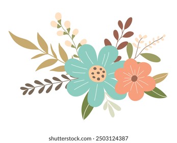 Rama dibujada a mano con flores y hojas aisladas sobre fondo blanco. Estilo plano simple para el diseño de la boda.