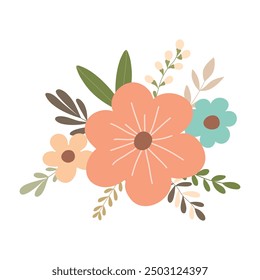 Hand drawn branch with flowers and leaves isolated on white background. Simple flat style for wedding design.