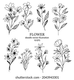Hand drawn branch with leaves and flowers isolated on white background. Vector botanical illustration.