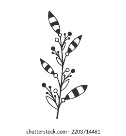 Hand drawn branch with leaves isolated on white background. Decorative doodle sketch illustration. Cute vector floral element.