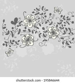 Hand drawn branch with leaves, paper flowers and butterflies with space for text