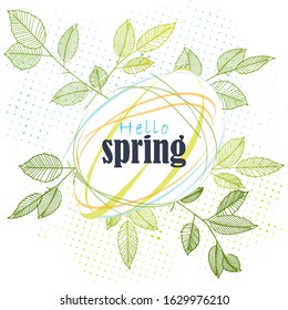 Hand drawn branch with leaves spring vector illustration halftone background