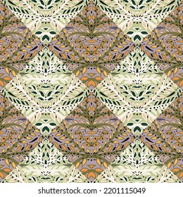 Patrón transparente de mosaico de bifurcación dibujado a mano. Sale azulejos. Papel de pared sin fin botánico. Fondo decorativo para el diseño de tejidos, impresión textil, envoltura, cubierta. Ilustración del vector