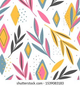 Hand drawn branch with rhombus seamless pattern for textile, wallpaper, fabric. Modern abstract decorative leaves background.