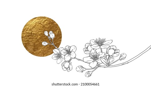 Hand drawn branch of sakura with blooms, flowers, leaves, petals. Golden sircle, sun. Modern line art style. Botanical composition for card, invitation, logo, fabric print, packaging, corporate brand.