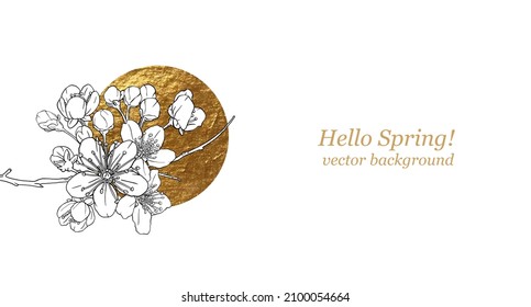 Hand drawn branch of sakura with blooms, flowers, leaves, petals. Golden sircle, sun. Modern line art style. Botanical composition for card, invitation, logo, fabric print, packaging, corporate brand.