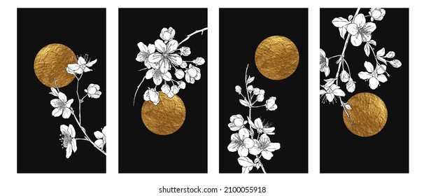 Hand drawn branch of sakura with blooms, flowers, leaves, petals. Golden sun on black background. Modern line art style. Wall art composition. Elegant, chic poster, mural print.