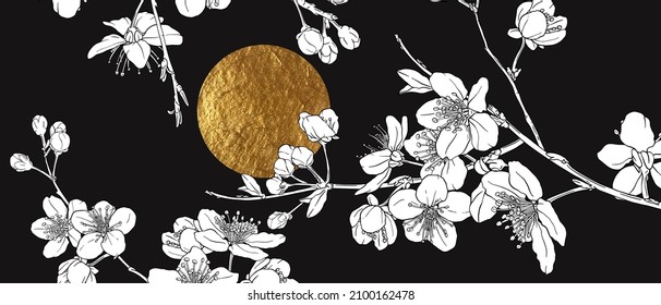 Hand drawn branch of sakura with blooms, flowers, leaves, petals. Golden sun, moon on black background. Modern line art style. Wall art composition. Elegant, chic poster, mural print.