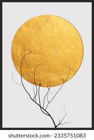 Hand drawn branch of sakura tree with out leaves. Golden sun, moon on background. Modern line art style. Wall art composition. Elegant, chic poster, mural print.