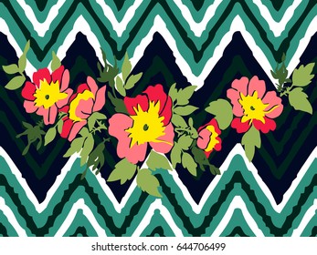 Hand drawn branche flower roses tropical vintage print on stripes zigzag pattern, grunge retro background vector illustration design for fashion, shirt, textile, greeting card, invitation, wedding