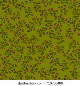 Hand drawn branches with bright buds on green background. Vector seamless pattern.