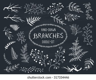 Hand drawn branches collection. Set of inc doodle branches isolated on white background. Floral decorative elements for postcard and invitation design. Vector illustration.