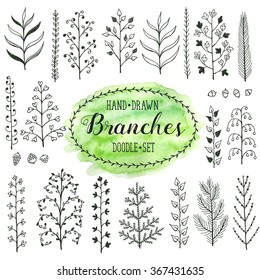 Hand drawn branches collection. Set of simple doodle branches isolated on white background. Vintage ink branches. Floral decorative elements for postcard and invitation design.