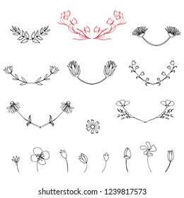 hand drawn branches and flowers, doodle elements for design