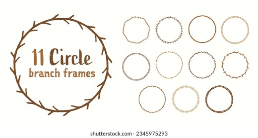 Hand drawn branches frame vector nature collection. Cute line drawing doodle set of branch borders.