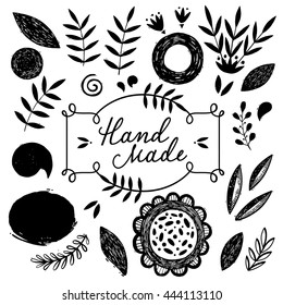 Hand drawn branches, frames and different elements. Lettering. 