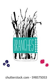 Hand drawn branches in the jar with berries. Vector illustration