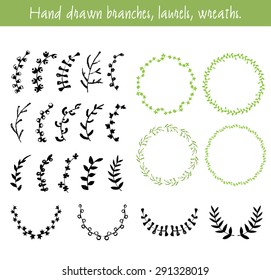 Hand drawn branches, laurels, wreaths. Vector illustration. Elements for your design. 