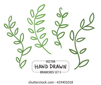 Hand drawn branches with leaves brush store set. Sketchy hand drawn elements. Vector illustration.