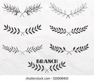 Hand drawn branches with leaves ink black