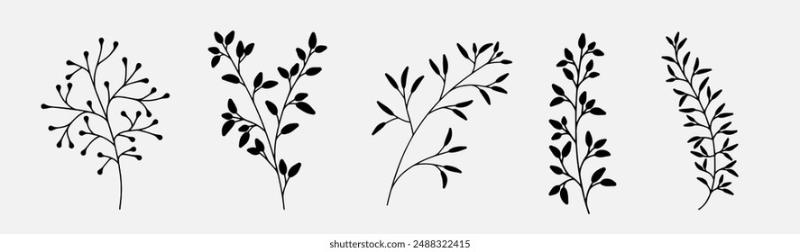 Hand drawn branches with leaves isolated on white background