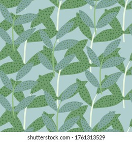 Hand drawn branches with leaves seamless pattern on blue background. Organic backdrop. Decorative forest leaf endless wallpaper. Design for fabric, textile print, wrapping, cover. Vector illustration.