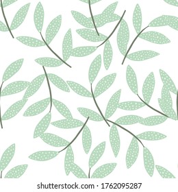 Hand drawn branches with leaves seamless pattern isolated on white background. Decorative vector ornamental spring endless wallpaper. Design for fabric, textile print, wrapping paper, cover.