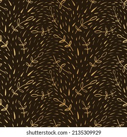 hand drawn branches with leaves seamless pattern, abstract gold botanical elements on dark green royal background